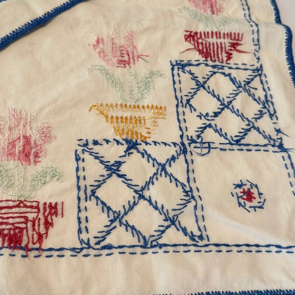 Vtg‎ Hand Embroidered Floral Cross Stitch Table Runner Blue Crochet Edge 40x13
